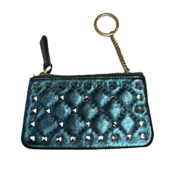 Valentino Garavani Accessories - VALENTINO GARAVANI Metallic Wrinkled Green Rockstud Spike Zip Coin Purse